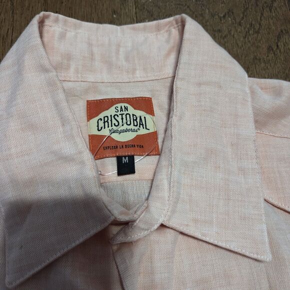 San Cristobal Classic Guayabera Peach Pink Medium Pleated Pockets - Picture 3 of 7